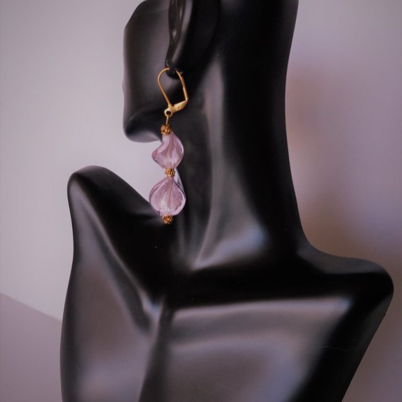 Handmade Pink Glass Dangle Earrings With Gold Tone Brass Lever Hooks 2.5 inches - Picture 7 of 16